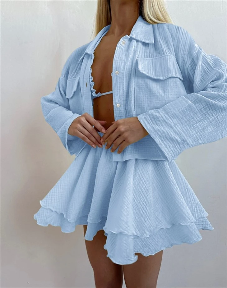 2024 Autumn Cotton Sexy Strappy Underwear Long-sleeved Shorts Pajamas Set Ruffled Ladies Homewear
