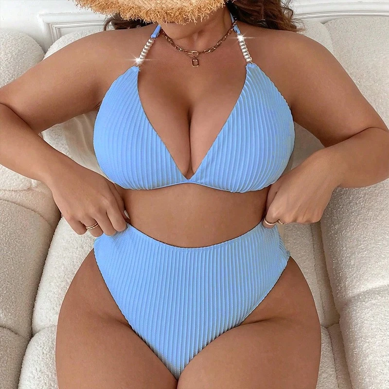 Women's New Strapless Halter Neck Plus Size Beach Swimsuit Solid Color High Waist Sexy Bikini